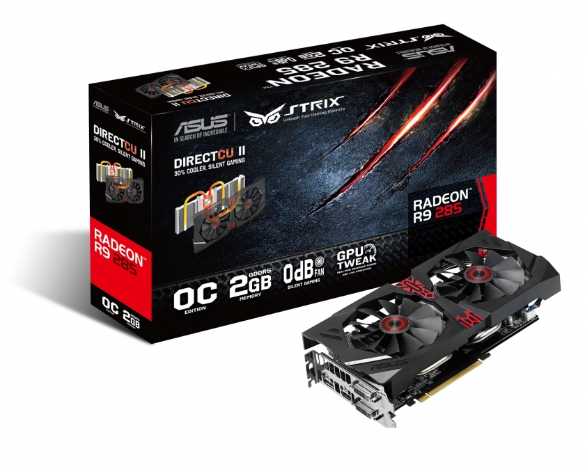 ASUS STRIX-R9285-DC2OC-2GD5 gaming graphics card and box
