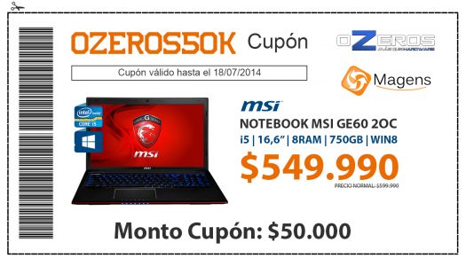 Ahorra $50.000 pesos al comprar tu notebook MSI GE60 20C en Magens exlusivo con oZeros