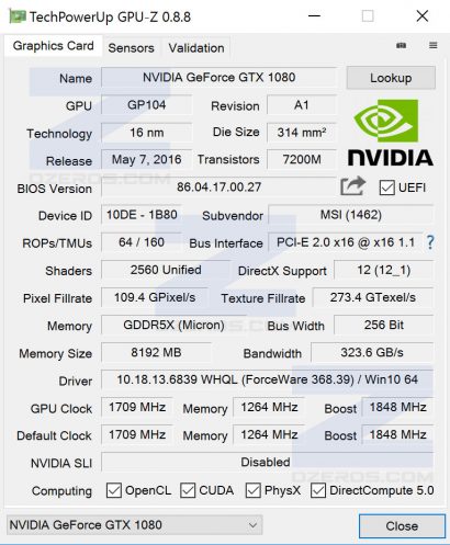 MSI GTX 1080 Gaming X SS GPU-z