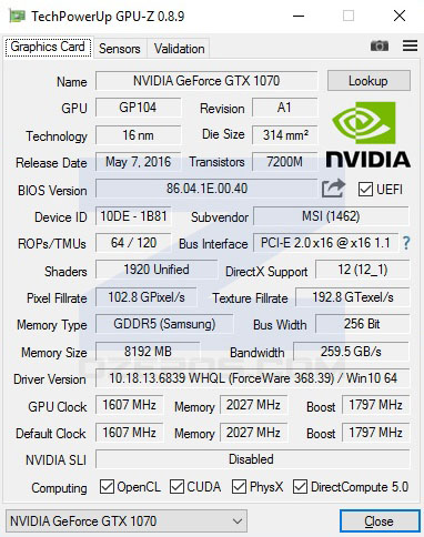 msi GTX 1070 Gaming X GPU-z