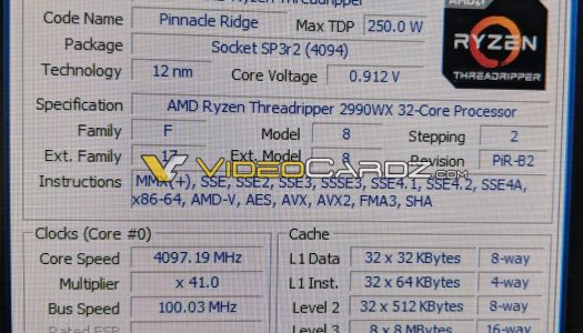 Captura de CPU-Z del Ryzen Threadripper 2990WX muestra una frecuencia máxima de 4,1 GHz